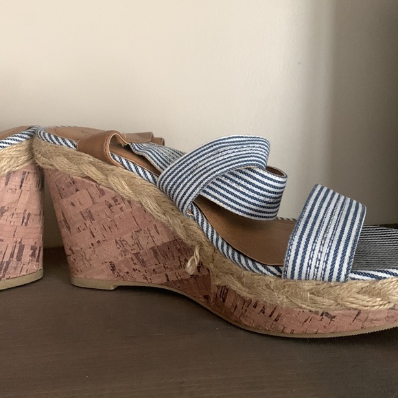 Nautical Blue and White Stripe Cork Wedges - Picture 5 of 9